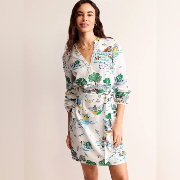 BODENCLEO LINEN TIE WAIST DRESS IN IVORY AMALFI COAST PRINT SIZE 6